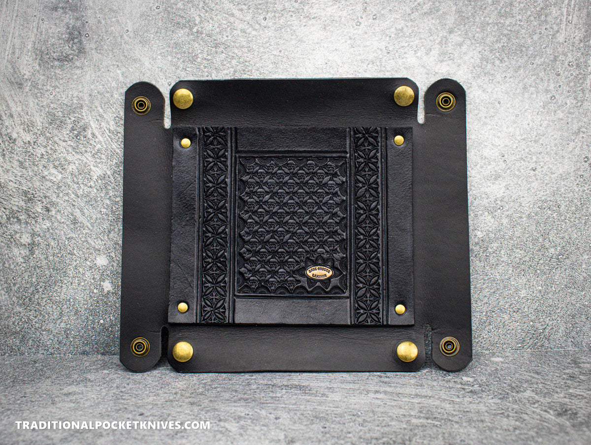 Sage Grouse Leather RIATA Packable Tooled Leather Catch-All Tray Black Skulls