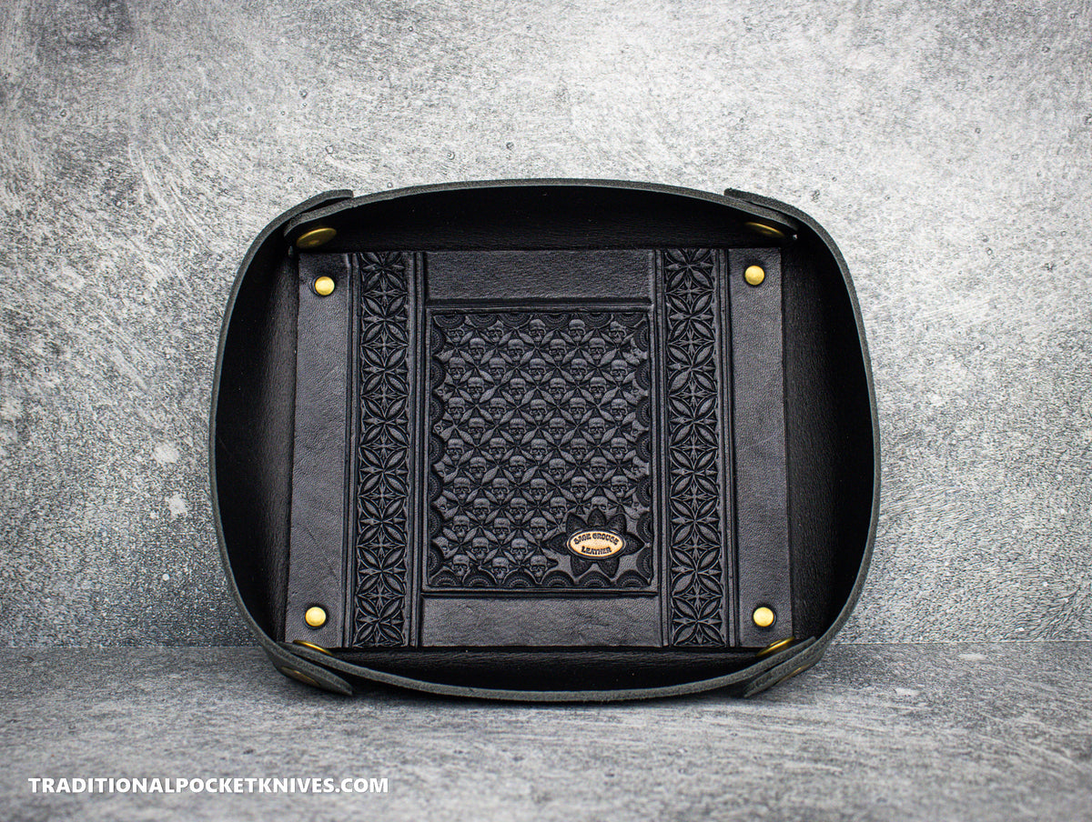 Sage Grouse Leather RIATA Packable Tooled Leather Catch-All Tray Black Skulls