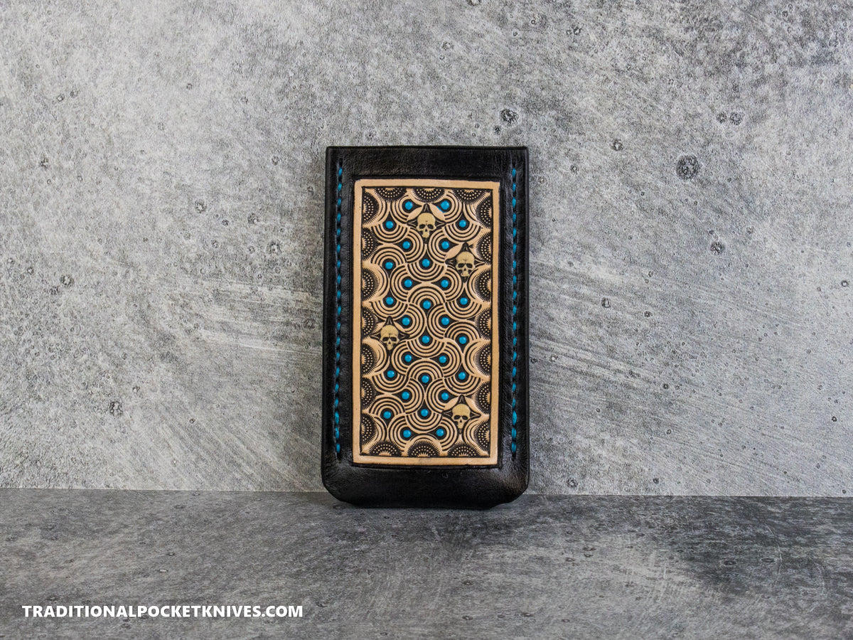 Sage Grouse Leather: Leather Knife Slip Medium "Black / Natural, Turquoise Dots, Glow Skulls"
