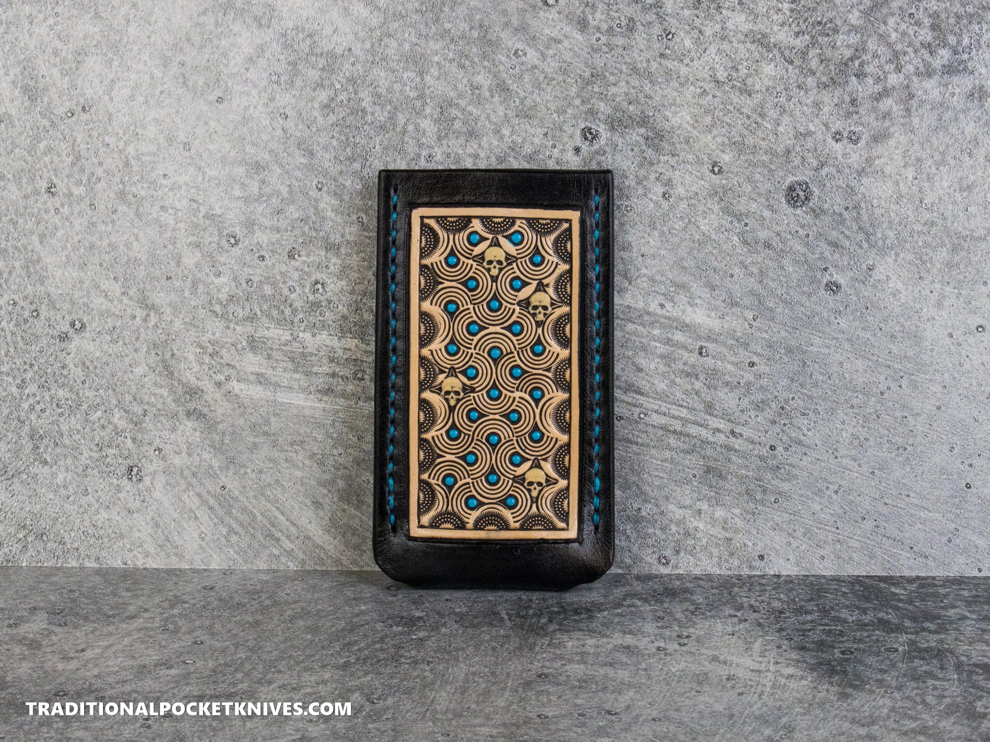 Sage Grouse Leather: Leather Knife Slip Medium "Black / Natural, Turquoise Dots, Glow Skulls"