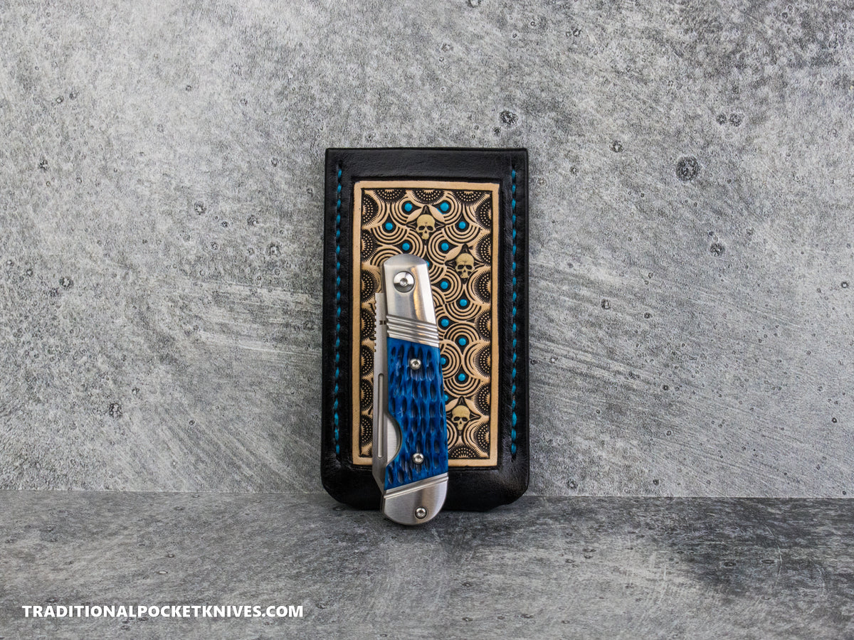 Sage Grouse Leather: Leather Knife Slip Medium "Black / Natural, Turquoise Dots, Glow Skulls"