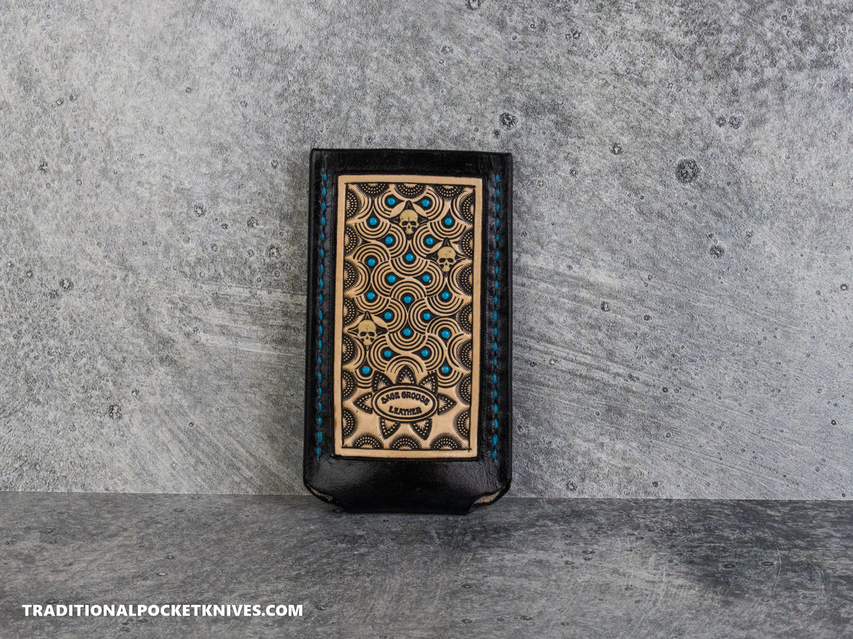 Sage Grouse Leather: Leather Knife Slip Medium "Black / Natural, Turquoise Dots, Glow Skulls"