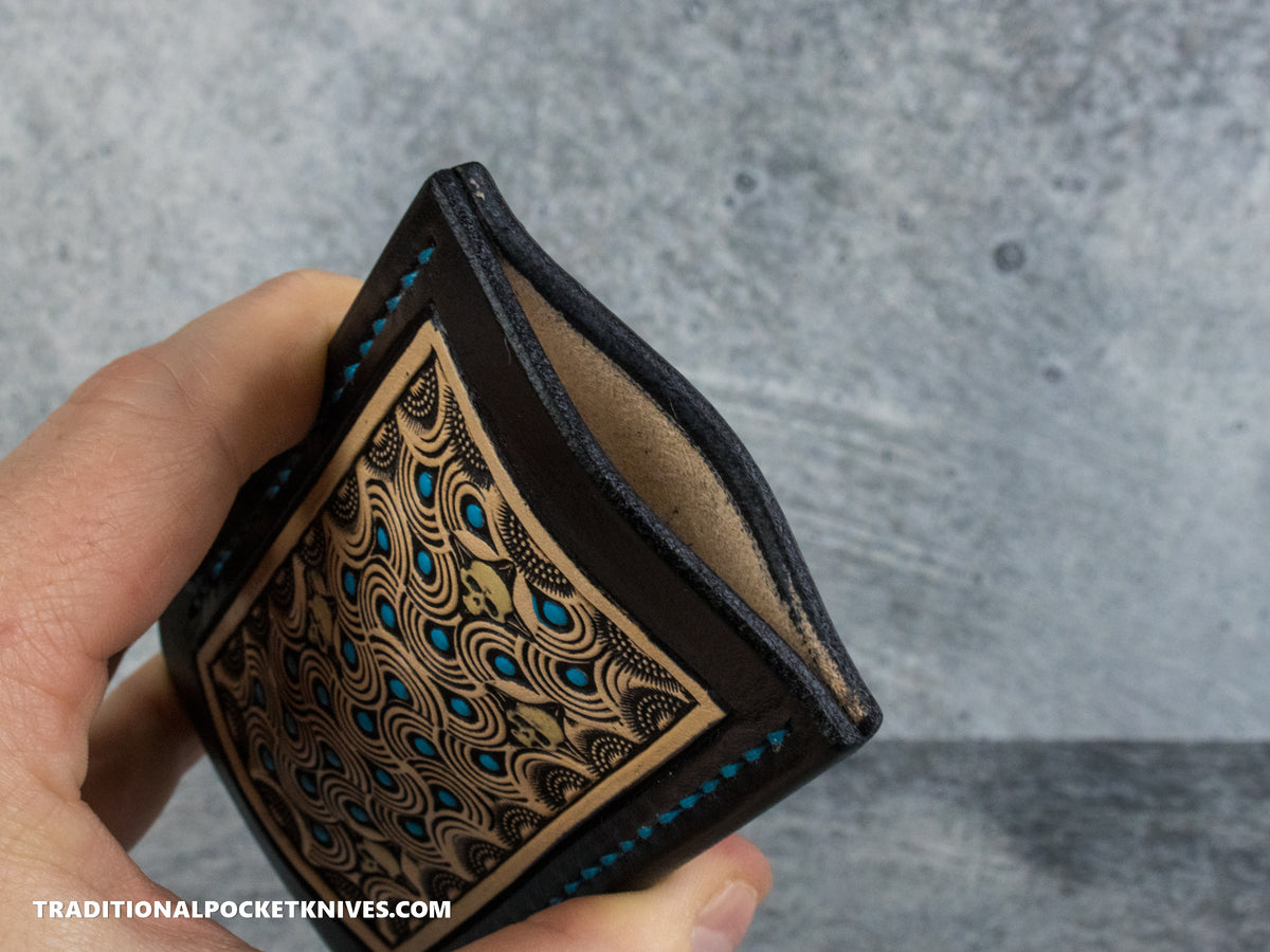 Sage Grouse Leather: Leather Knife Slip Medium "Black / Natural, Turquoise Dots, Glow Skulls"