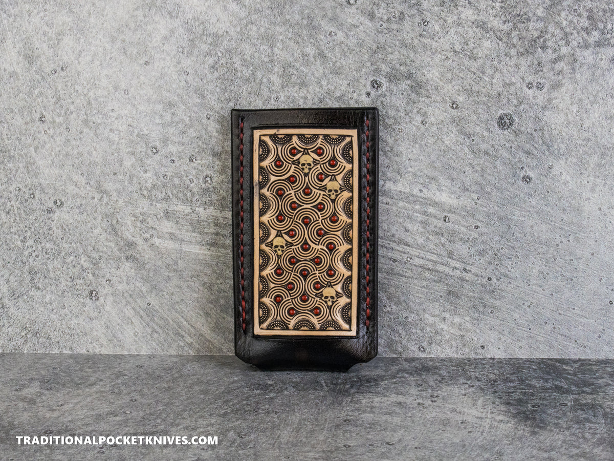 Sage Grouse Leather: Leather Knife Slip Medium "Black / Natural, Red Dots, Glow Skulls"