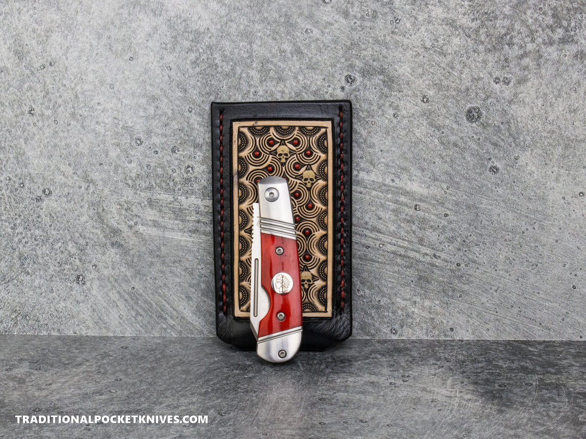 Sage Grouse Leather: Leather Knife Slip Medium "Black / Natural, Red Dots, Glow Skulls"