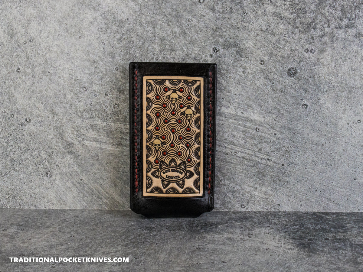 Sage Grouse Leather: Leather Knife Slip Medium "Black / Natural, Red Dots, Glow Skulls"