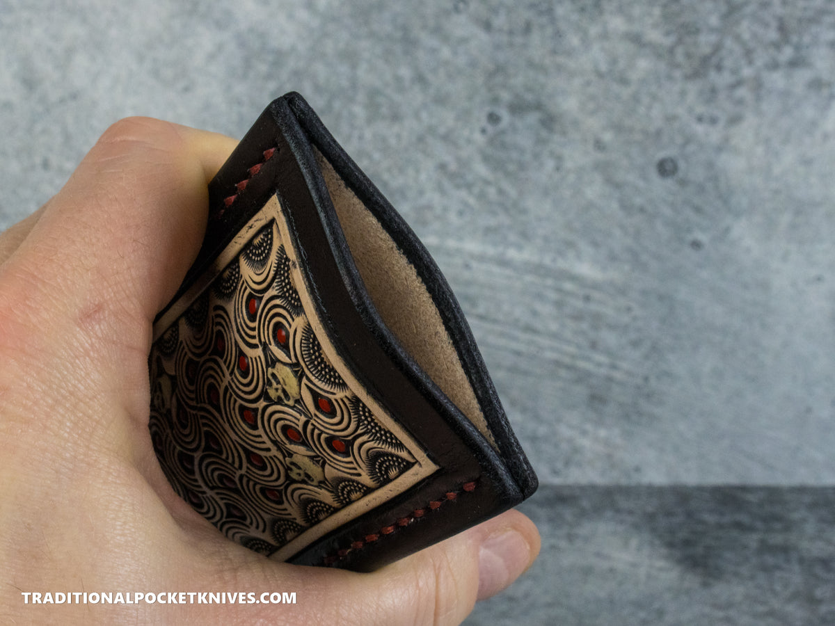 Sage Grouse Leather: Leather Knife Slip Medium "Black / Natural, Red Dots, Glow Skulls"