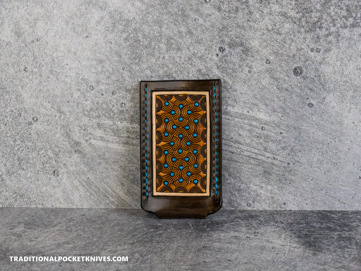 Sage Grouse Leather: Leather Knife Slip Small "Swirl Chocolate / Rust, Turquoise Dots"