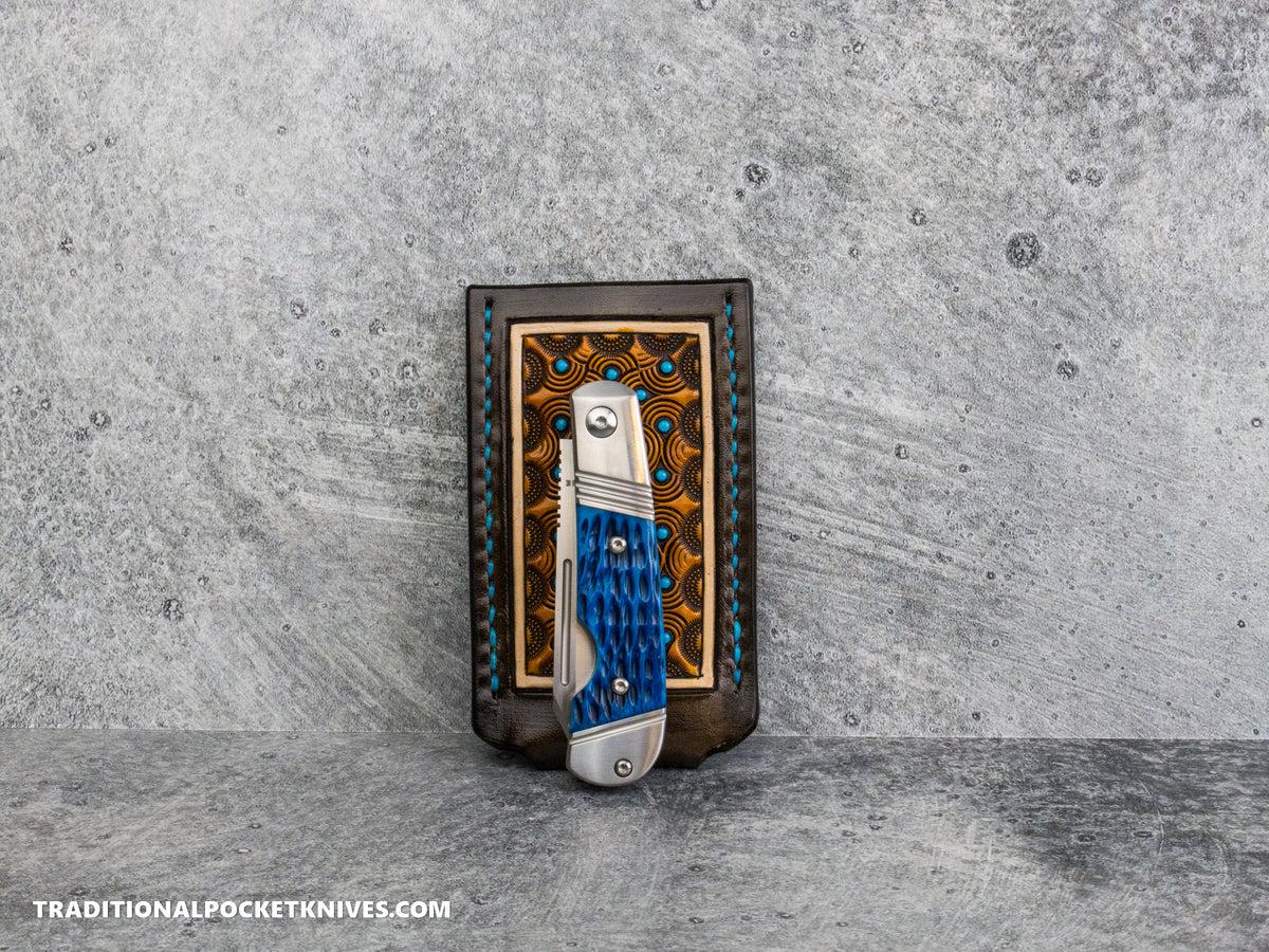 Sage Grouse Leather: Leather Knife Slip Small "Swirl Chocolate / Rust, Turquoise Dots"