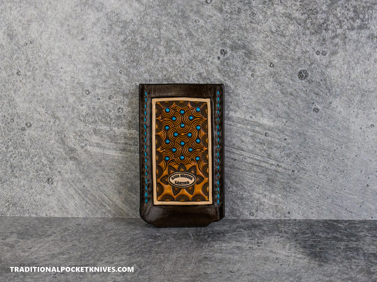 Sage Grouse Leather: Leather Knife Slip Small "Swirl Chocolate / Rust, Turquoise Dots"