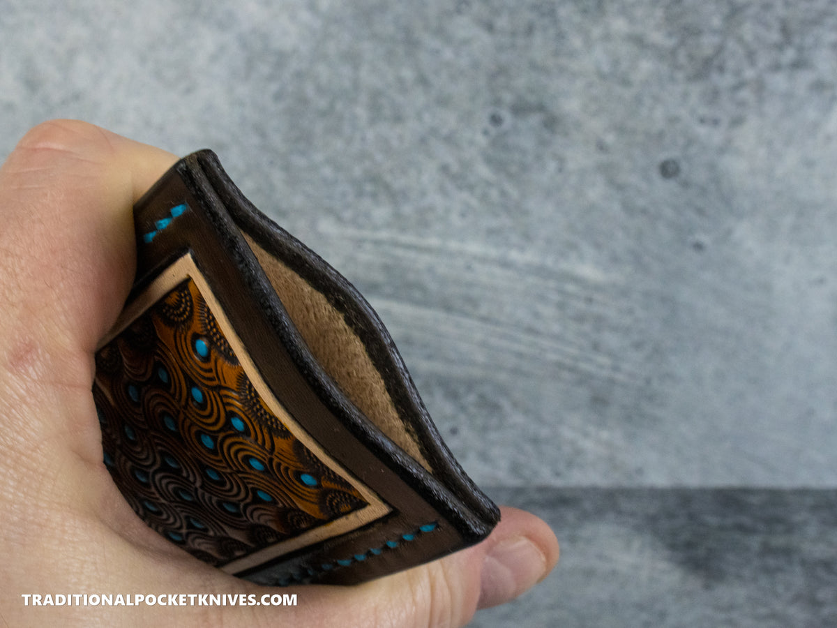 Sage Grouse Leather: Leather Knife Slip Small "Swirl Chocolate / Rust, Turquoise Dots"