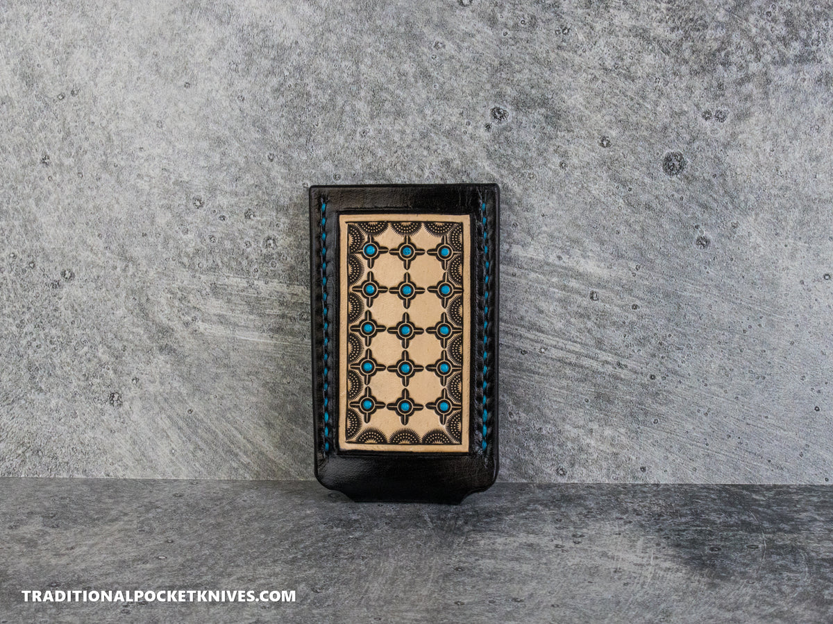 Sage Grouse Leather: Leather Knife Slip Small "Black / Natural, Turquoise Crosshairs"