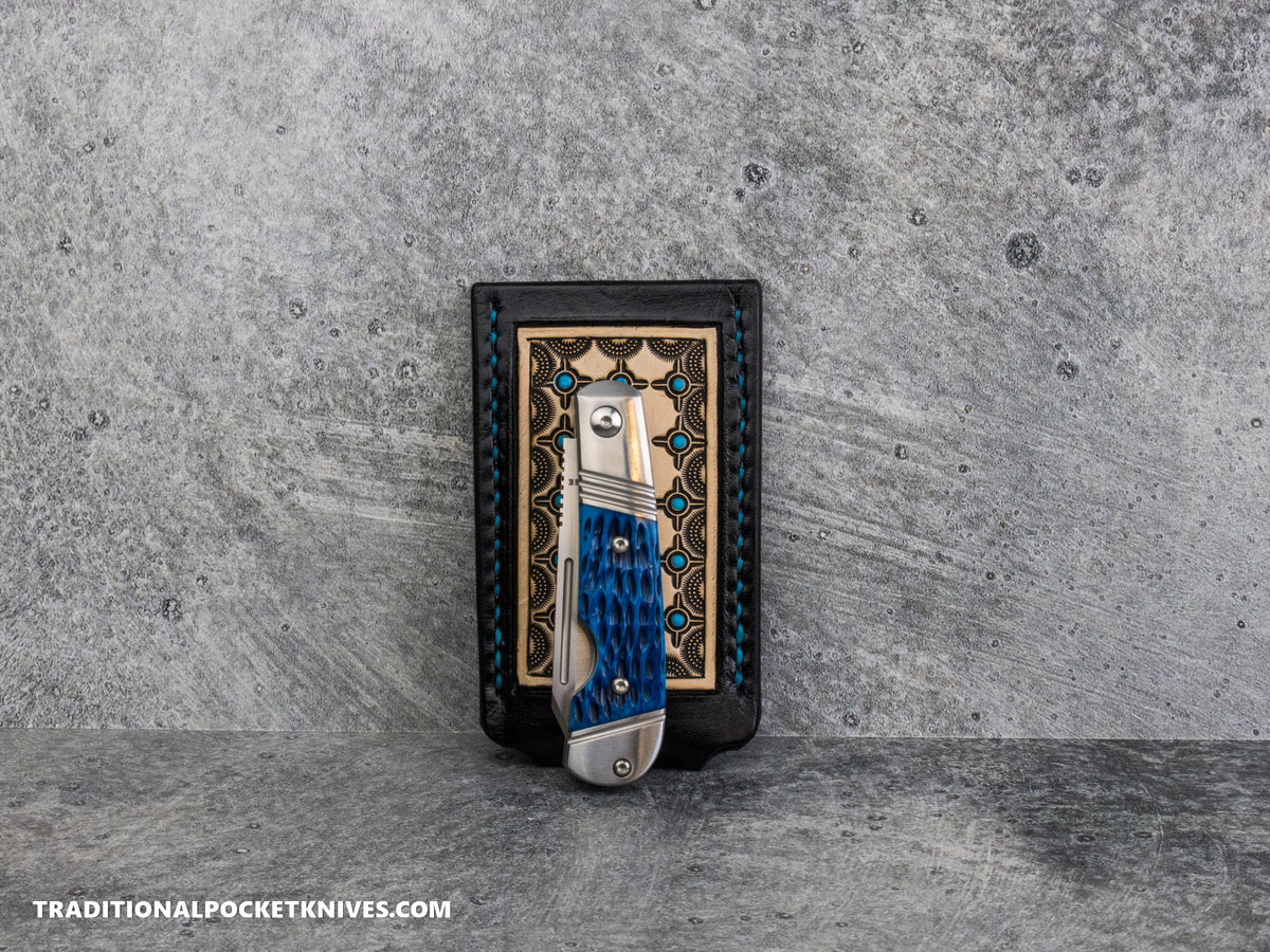 Sage Grouse Leather: Leather Knife Slip Small "Black / Natural, Turquoise Crosshairs"