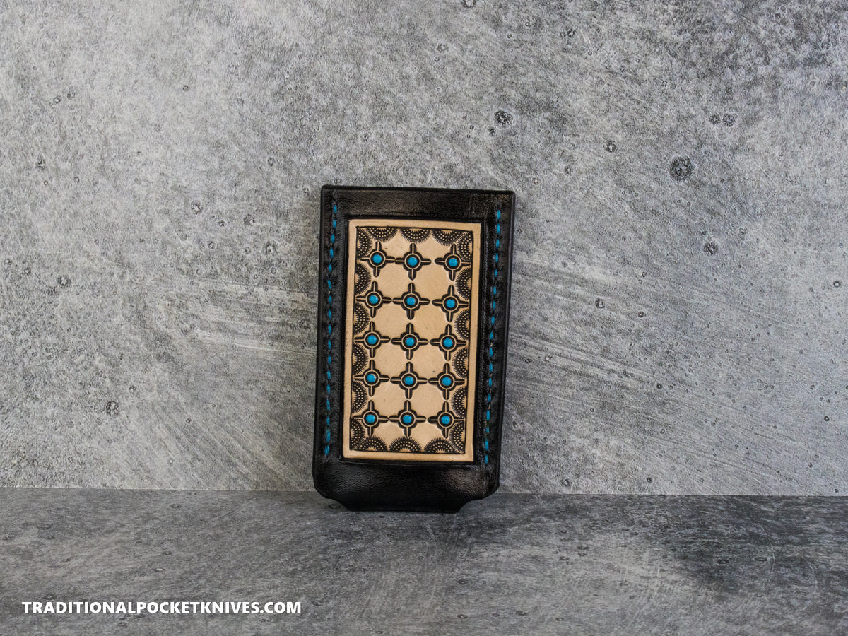 Sage Grouse Leather: Leather Knife Slip Small "Black / Natural, Turquoise Crosshairs"