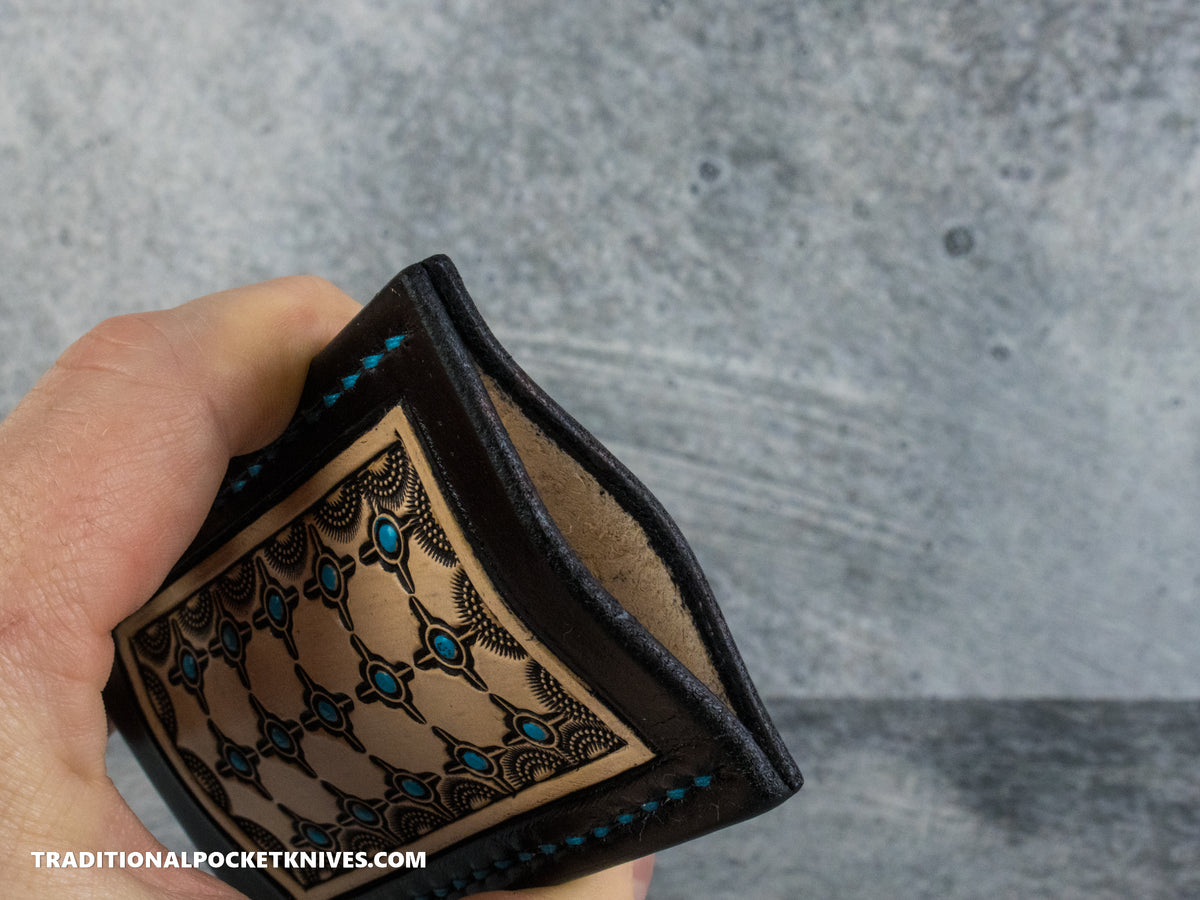 Sage Grouse Leather: Leather Knife Slip Small "Black / Natural, Turquoise Crosshairs"