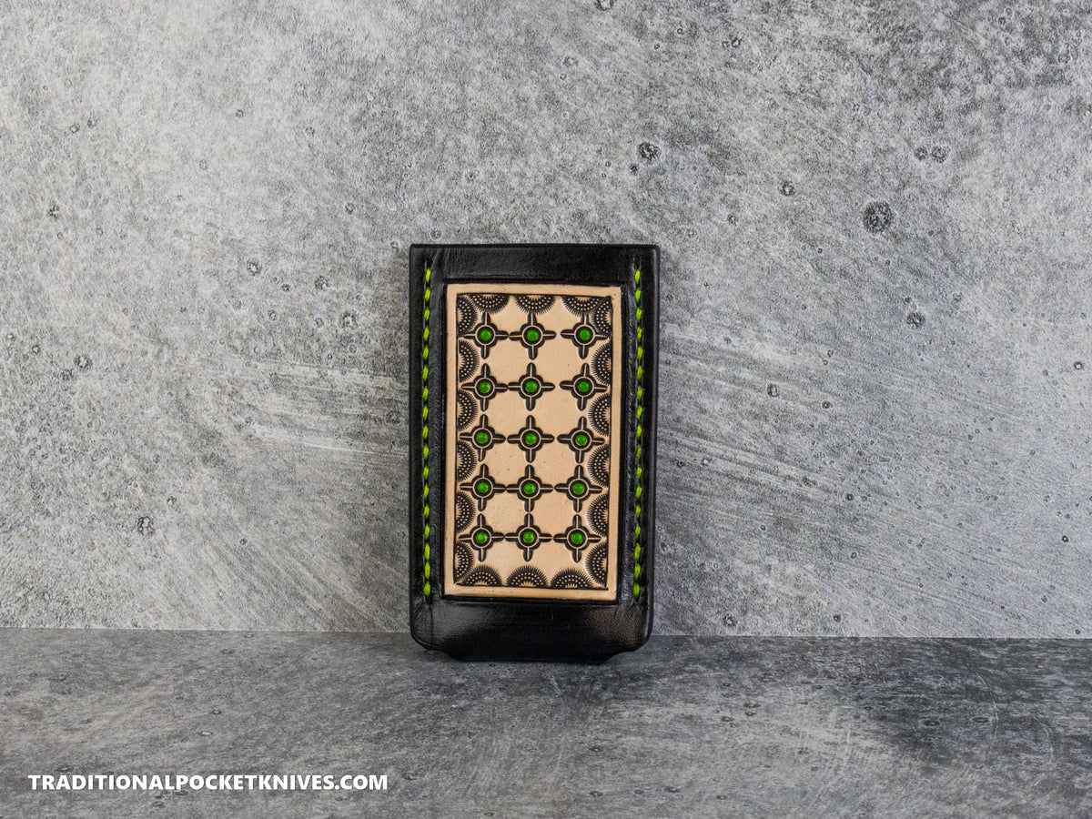 Sage Grouse Leather: Leather Knife Slip Small "Black / Natural, Green Crosshairs"