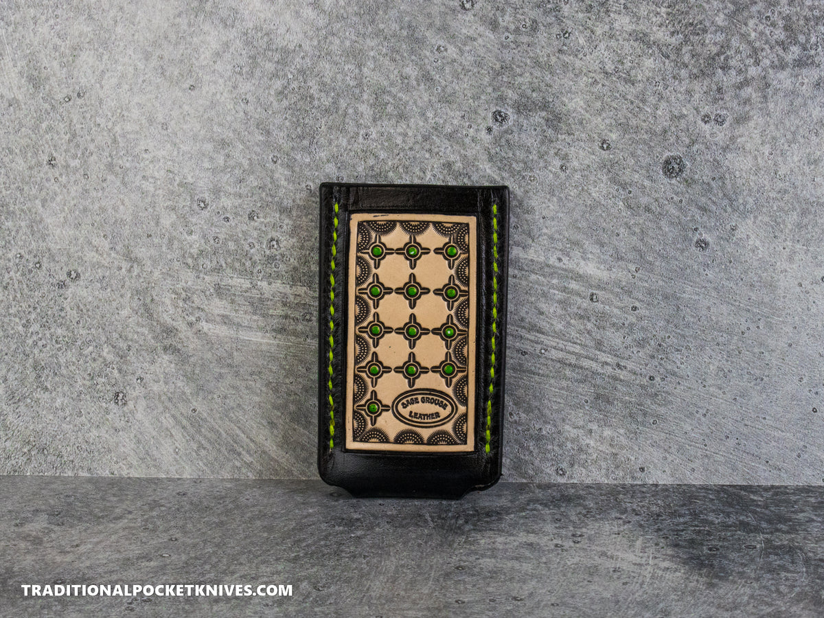 Sage Grouse Leather: Leather Knife Slip Small "Black / Natural, Green Crosshairs"