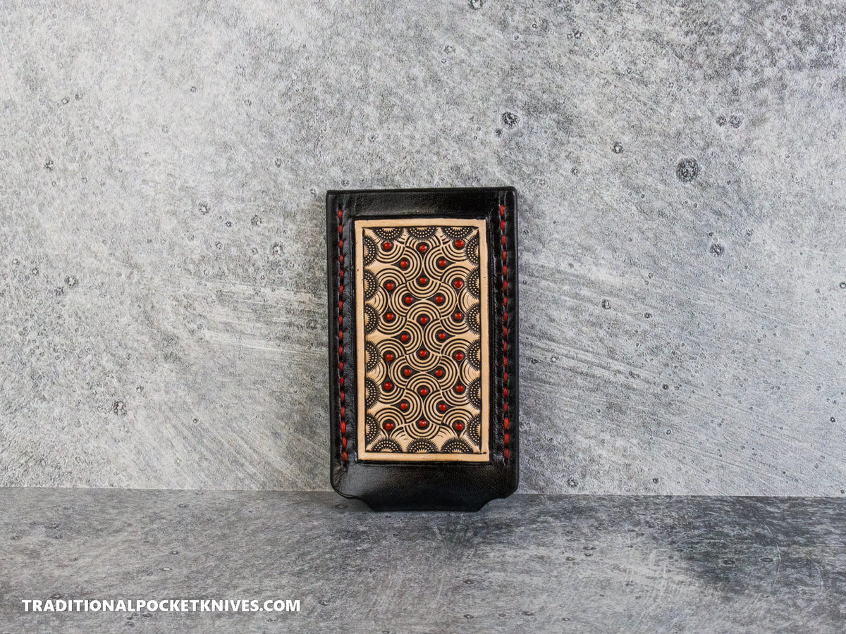 Sage Grouse Leather: Leather Knife Slip Small "Swirl Black / Natural, Red Dots"