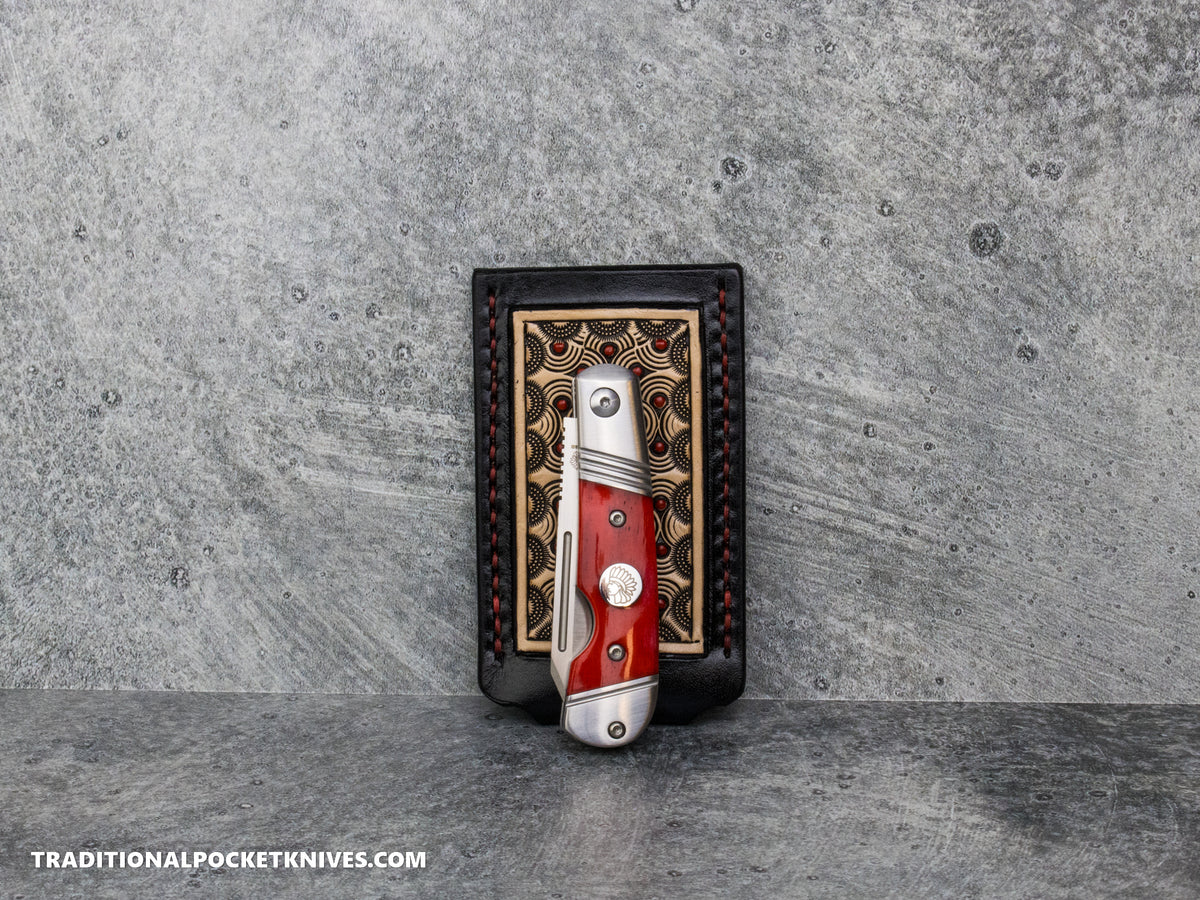 Sage Grouse Leather: Leather Knife Slip Small "Swirl Black / Natural, Red Dots"