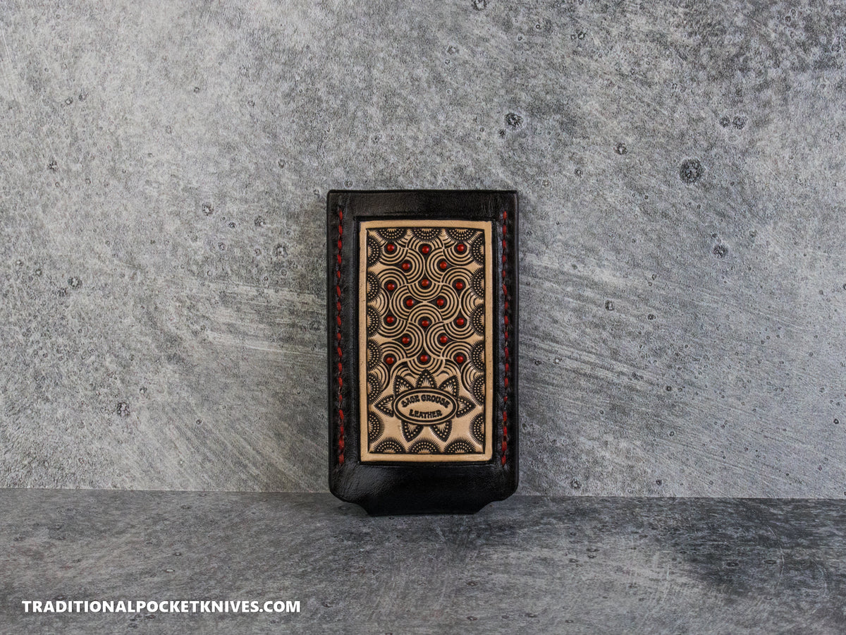 Sage Grouse Leather: Leather Knife Slip Small "Swirl Black / Natural, Red Dots"