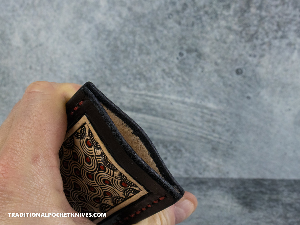 Sage Grouse Leather: Leather Knife Slip Small "Swirl Black / Natural, Red Dots"