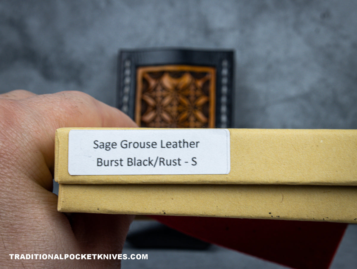 Sage Grouse Leather: Leather Knife Slip Small &quot;Burst Black/Rust&quot; #9