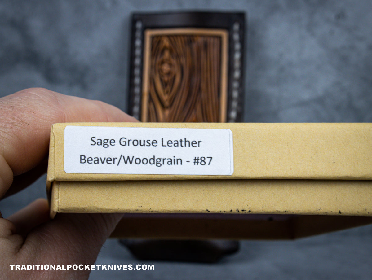 Sage Grouse Leather: Leather Knife Slip &quot;Beaver/Woodgrain&quot; #13