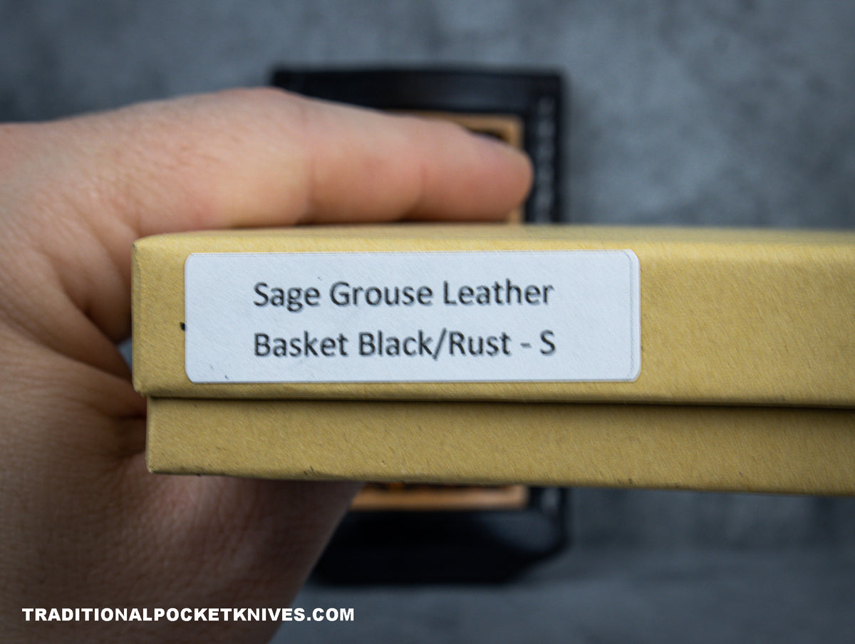 Sage Grouse Leather: Leather Knife Slip Small &quot;Basketweave Black/Rust&quot; #16