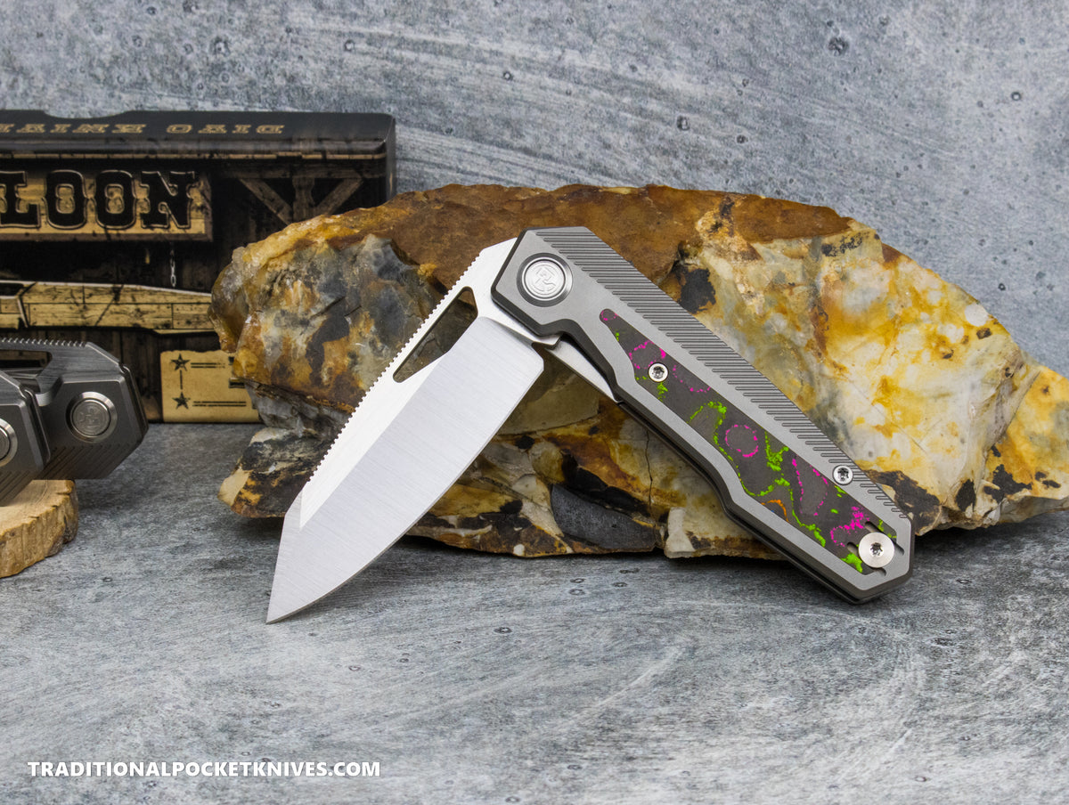 Divo Knives Exclusive Saloon: Beadblasted Titanium CamoCarbon 80's Belt Satin S90V - ***Mainly Green/Pink CamoCarbon Colors***