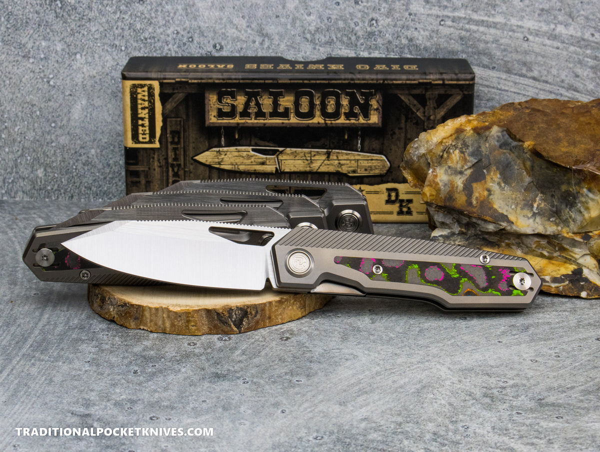Divo Knives Exclusive Saloon: Beadblasted Titanium CamoCarbon 80's Belt Satin S90V - ***Mainly Green/Pink CamoCarbon Colors***