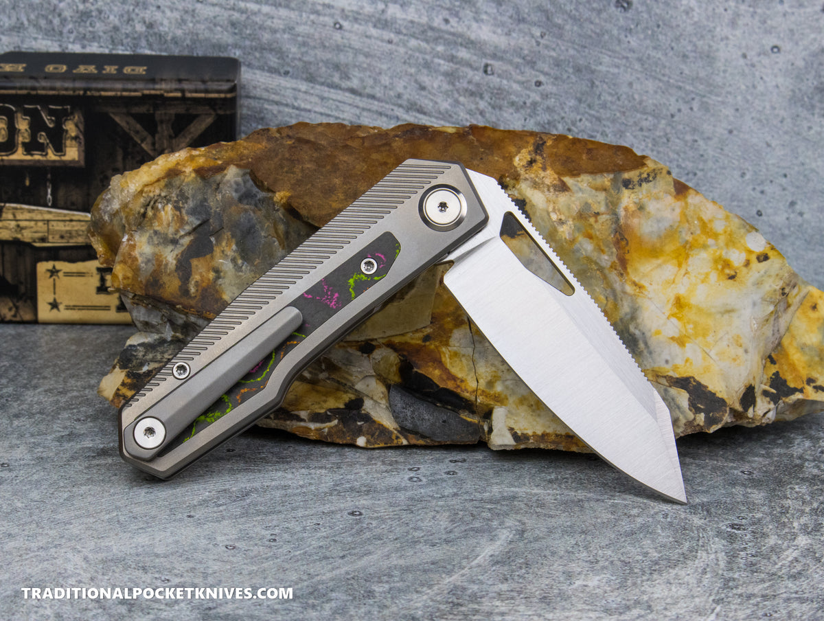 Divo Knives Exclusive Saloon: Beadblasted Titanium CamoCarbon 80's Belt Satin S90V - ***Mainly Green/Pink CamoCarbon Colors***