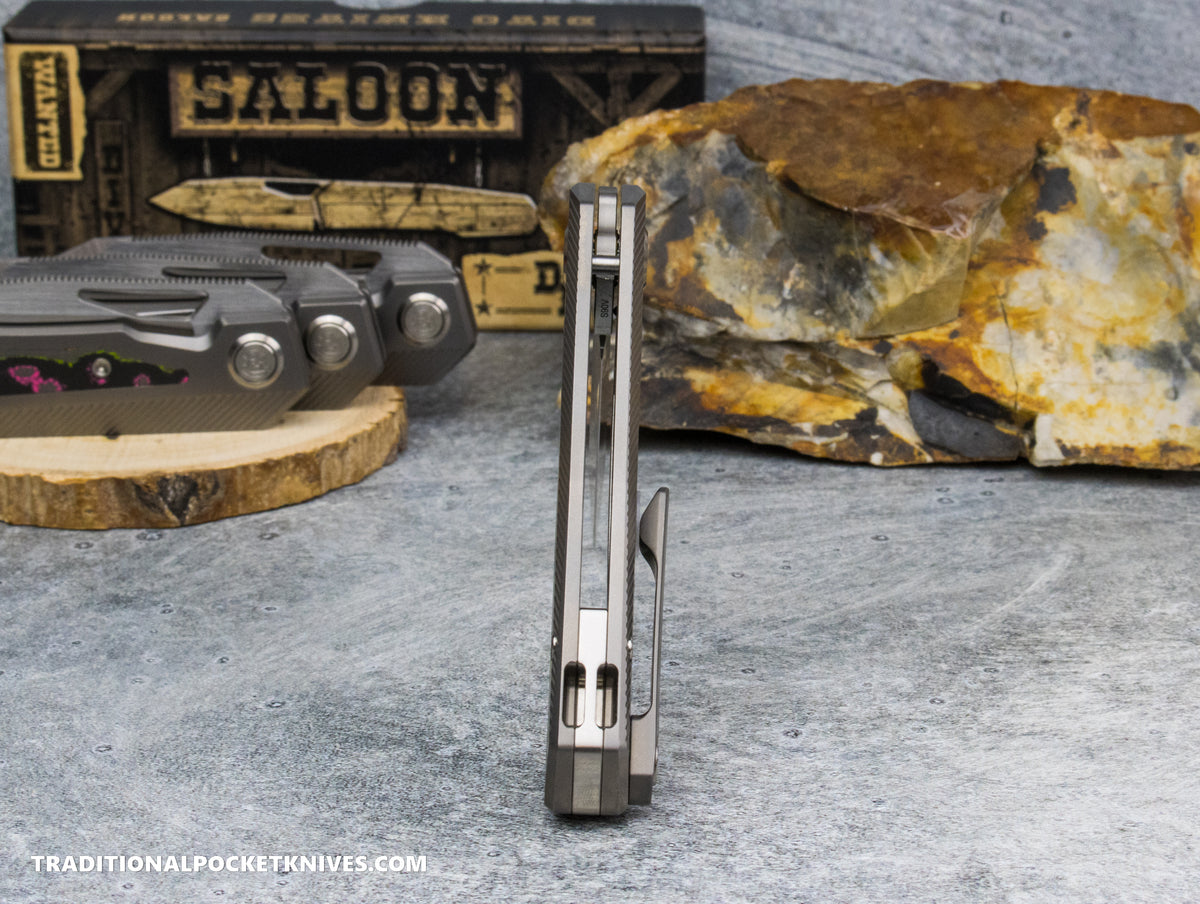 Divo Knives Exclusive Saloon: Beadblasted Titanium CamoCarbon 80's Belt Satin S90V - ***Mainly Green/Pink CamoCarbon Colors***