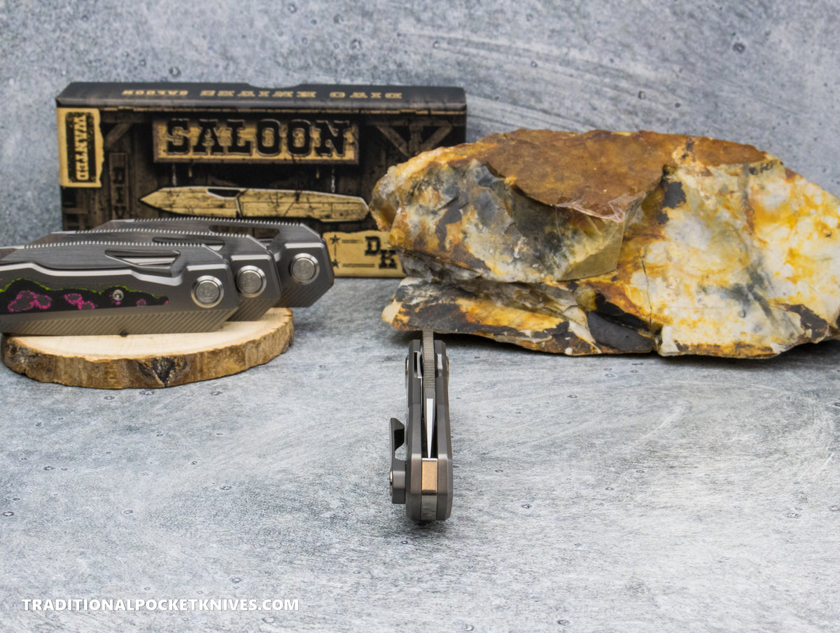 Divo Knives Exclusive Saloon: Beadblasted Titanium CamoCarbon 80's Belt Satin S90V - ***Mainly Green/Pink CamoCarbon Colors***