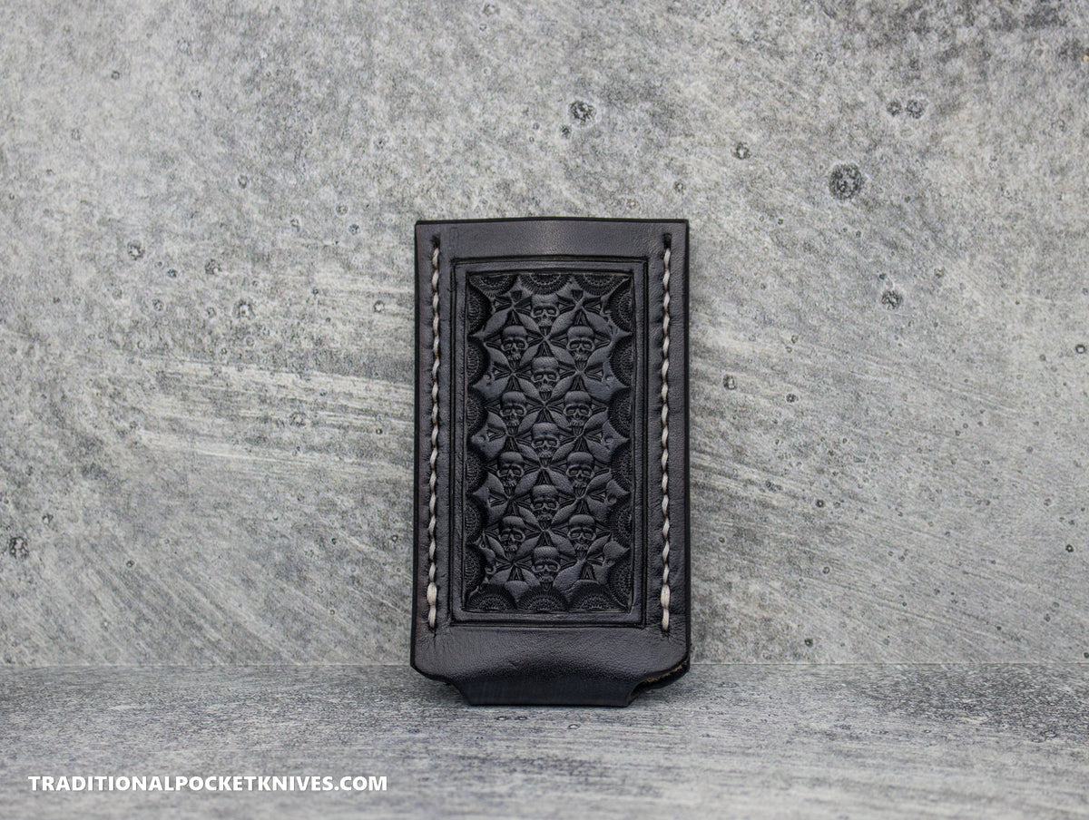 Sage Grouse Leather: Leather Knife Slip Small &quot;Black Skulls&quot;