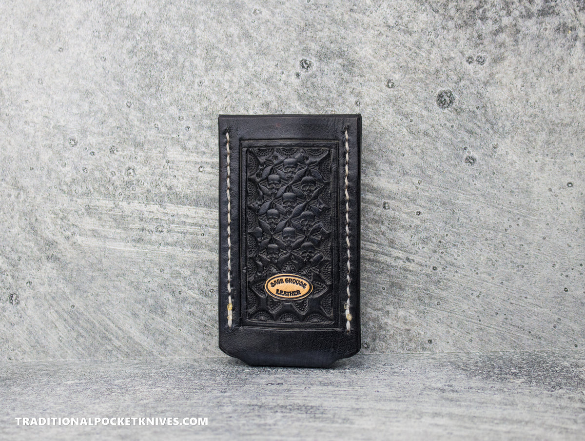 Sage Grouse Leather: Leather Knife Slip Small &quot;Black Skulls&quot;