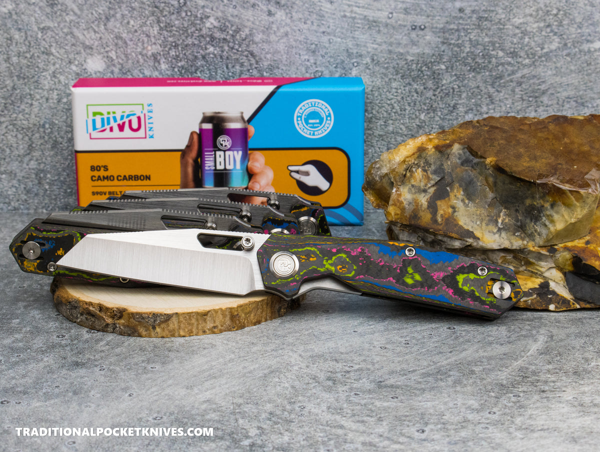 Divo Knives Exclusive SmallBoy Smooth CamoCarbon 80's S90V Satin