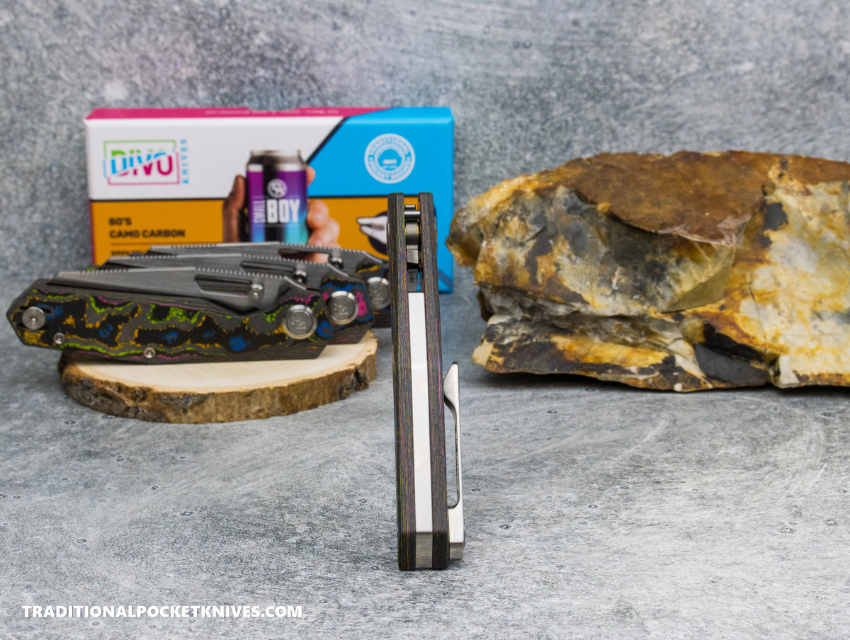Divo Knives Exclusive SmallBoy Smooth CamoCarbon 80's S90V Satin