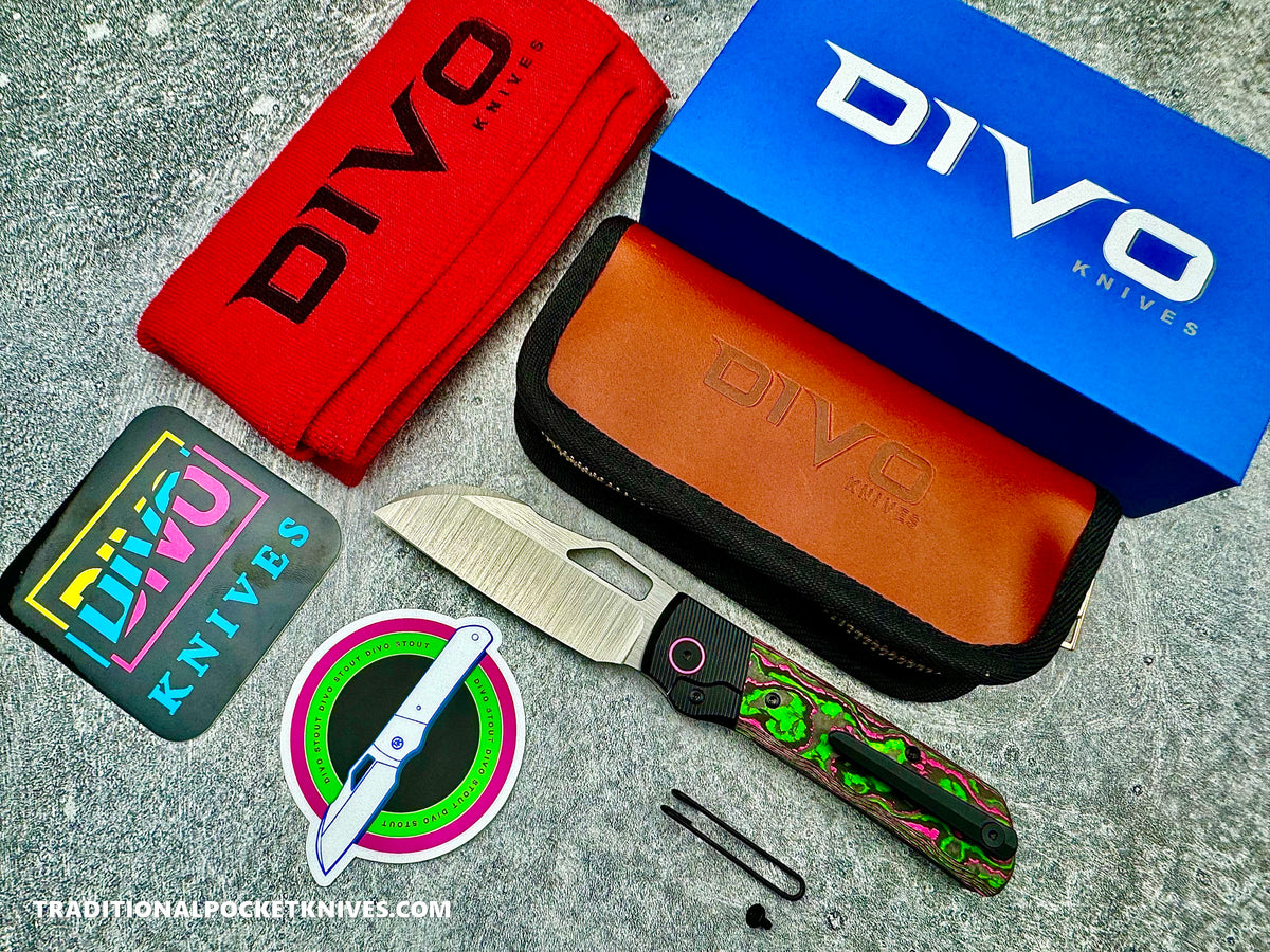 Divo Knives Stout V2: Lefty - CamoCarbon Watermelon Sugar / Belt Satin