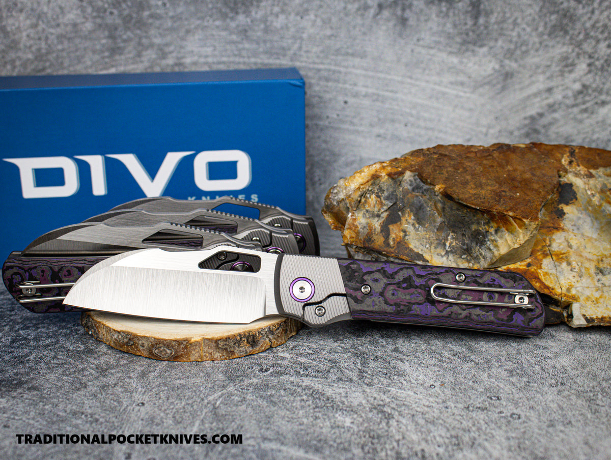 Divo Knives Stout V2: Lefty - Fat Carbon Purple Haze / Belt Satin