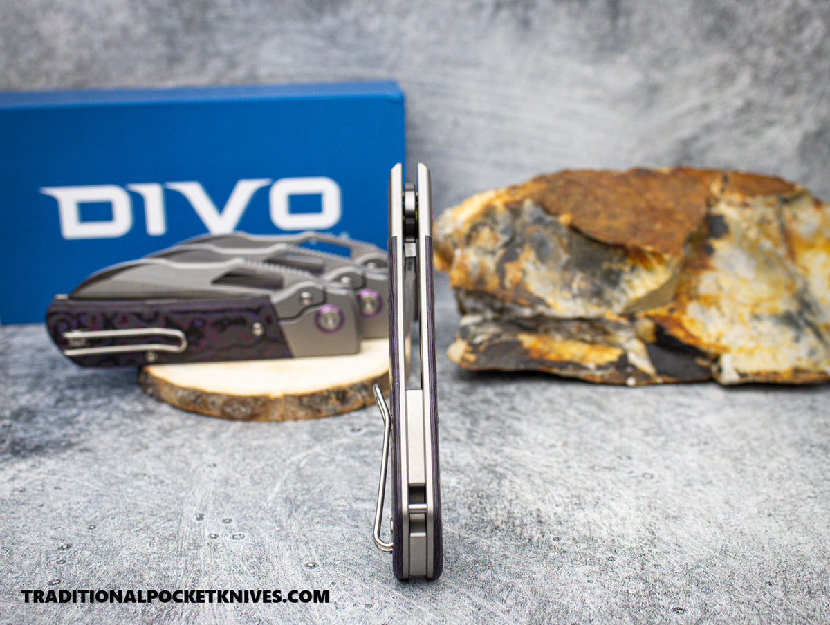 Divo Knives Stout V2: Lefty - Fat Carbon Purple Haze / Belt Satin