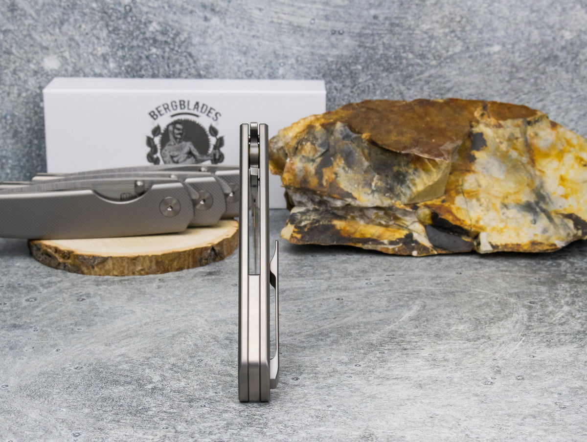 BergBlades Sweeney V2 - Beadblast Diamond Textured Titanium - Magnacut Belt Satin