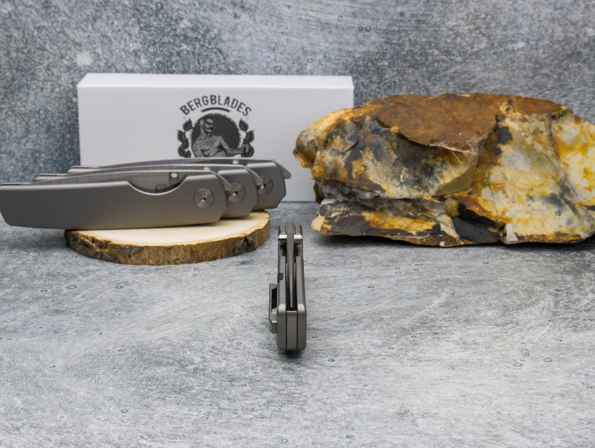 BergBlades Sweeney V2 - Beadblast Diamond Textured Titanium - Magnacut Belt Satin