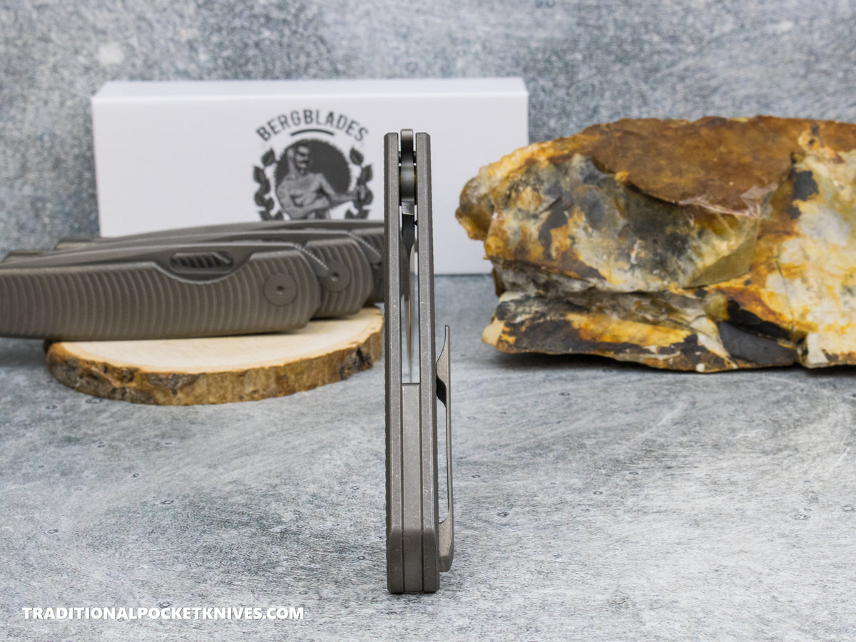 BergBlades Sweeney V2 - Dark Stonewashed Swirl Textured Titanium - No Thumbstuds Magnacut Dark Stonewashed