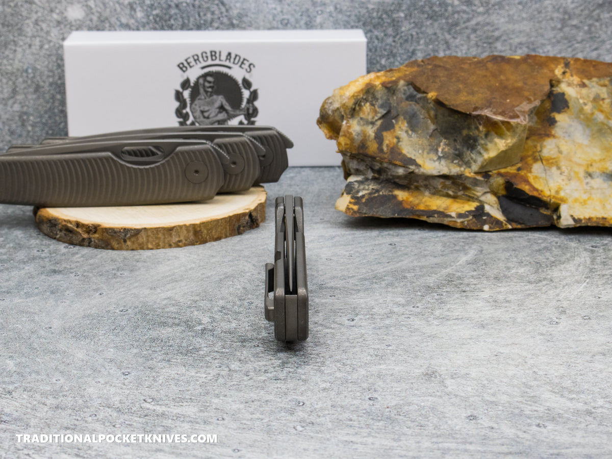 BergBlades Sweeney V2 - Dark Stonewashed Swirl Textured Titanium - No Thumbstuds Magnacut Dark Stonewashed