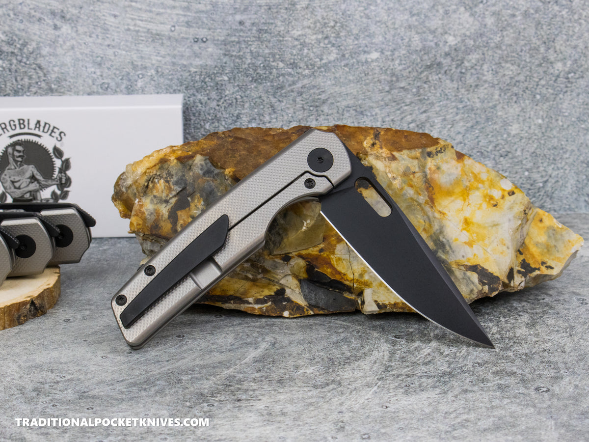BergBlades Sweeney V2 - Sandblast and Stonewashed Diamond Textured Titanium - No Thumbstuds Magnacut PVD