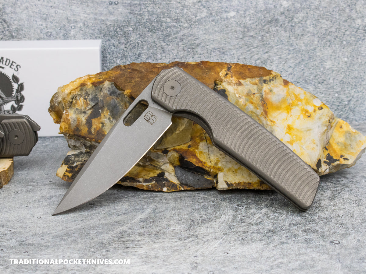 BergBlades Sweeney V2 - Dark Stonewashed Swirl Textured Titanium - No Thumbstuds Magnacut Dark Stonewashed
