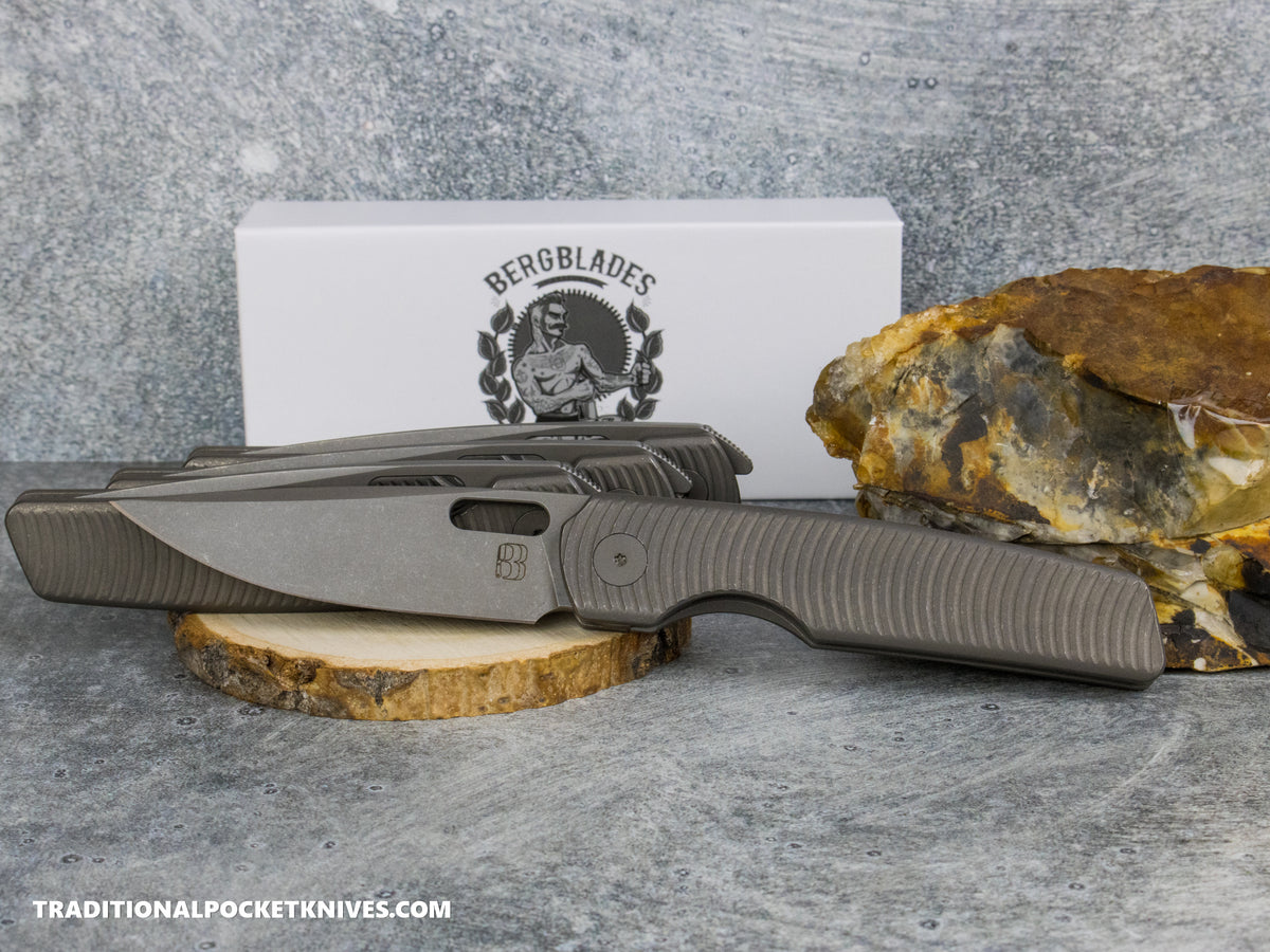 BergBlades Sweeney V2 - Dark Stonewashed Swirl Textured Titanium - No Thumbstuds Magnacut Dark Stonewashed