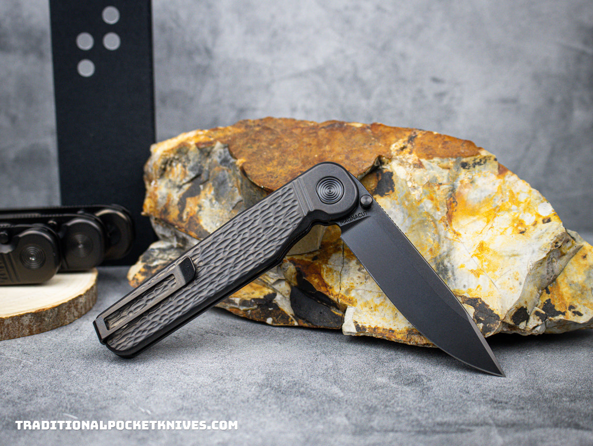 Tactile Knife Co. Exclusive Rockwall Thumbstud Black Jigged Titanium Magnacut DLC