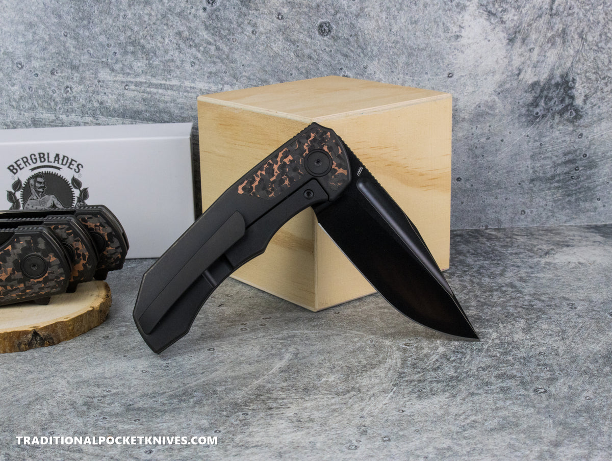 BergBlades Tick : DLC Titanium Fat Carbon Snake Skin Copper Inlay : Polished/Tumbled Bright DLC S90V