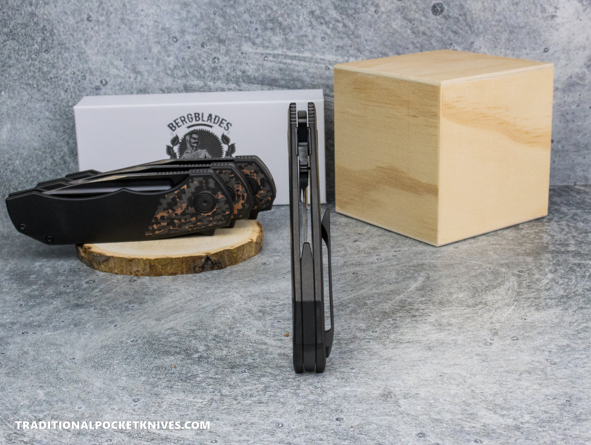 BergBlades Tick : DLC Titanium Fat Carbon Snake Skin Copper Inlay : Polished/Tumbled Bright DLC S90V